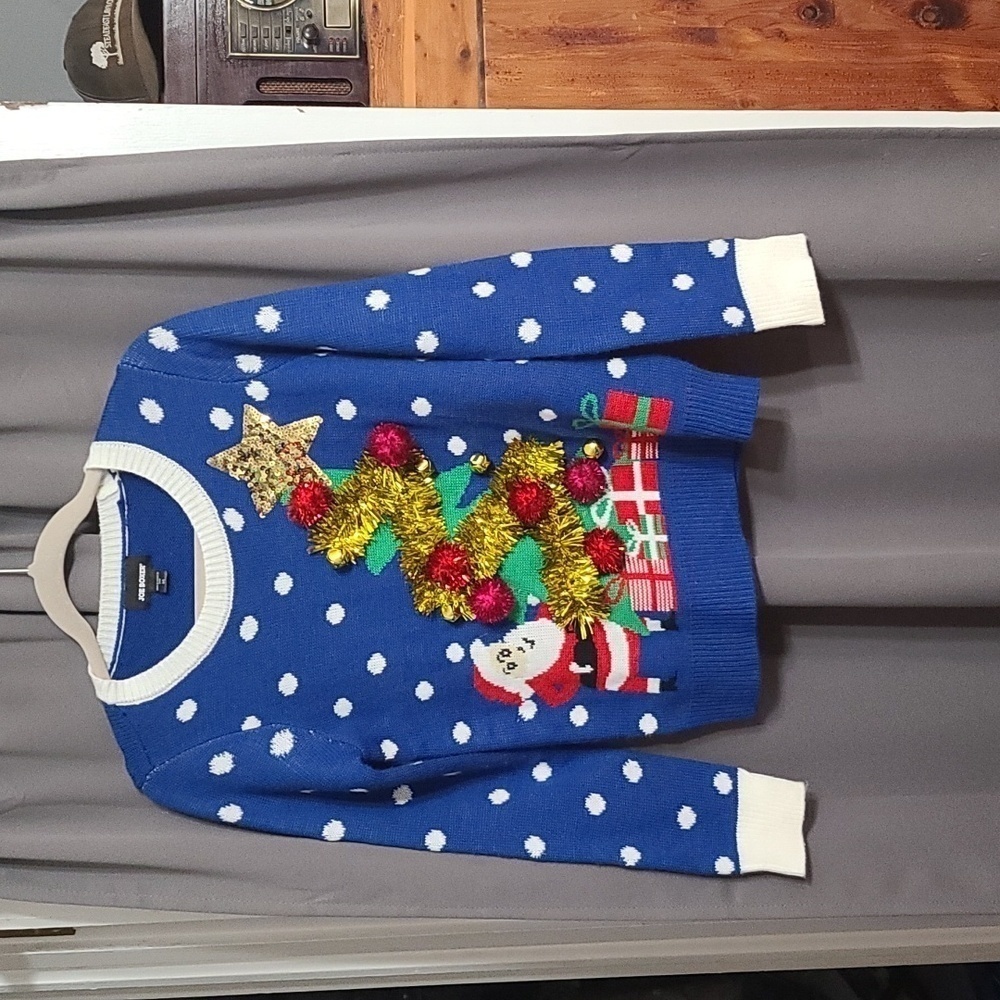 Joe Boxer Womens (Ugly) Christmas Sweater Blue/White Sequins Tinsel Santa‎ Sz S